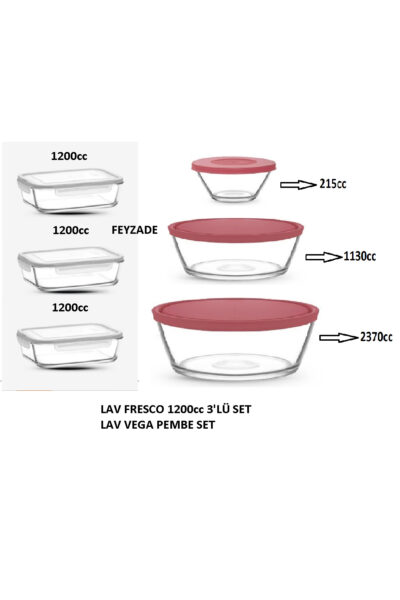 FRESCO Kilitli Cam Saklama Kabı Seti 3 adet 1200cc BEYAZ KAPAK - VEGA Saklama Kabı PEMBE