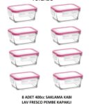 FRESCO Kahvaltılık Saklama Kabı Seti 8 adet 400cc PEMBE KAPAKLI DİKDÖRTGEN (FRS-237)