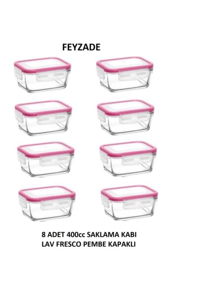 FRESCO Kahvaltılık Saklama Kabı Seti 8 adet 400cc PEMBE KAPAKLI DİKDÖRTGEN (FRS-237)