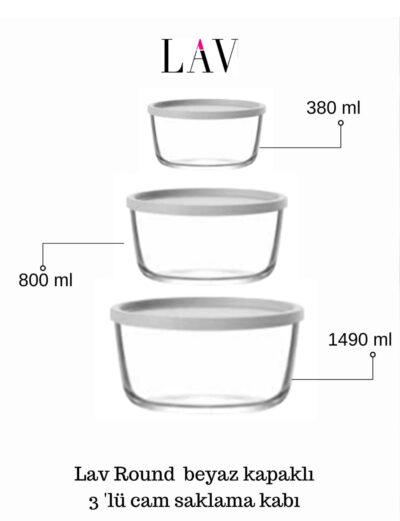 Round Saklama Kabı Seti (1490CC - 800CC - 380CC) Beyaz Kapaklı