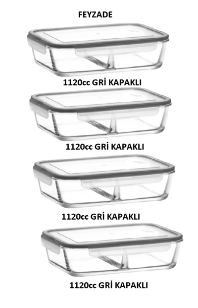 Fresco Iki Bölümlü Kilitli Cam Saklama Kabı 4’lü Set 1120cc Dikdörtgen (FRS-297) GRİ